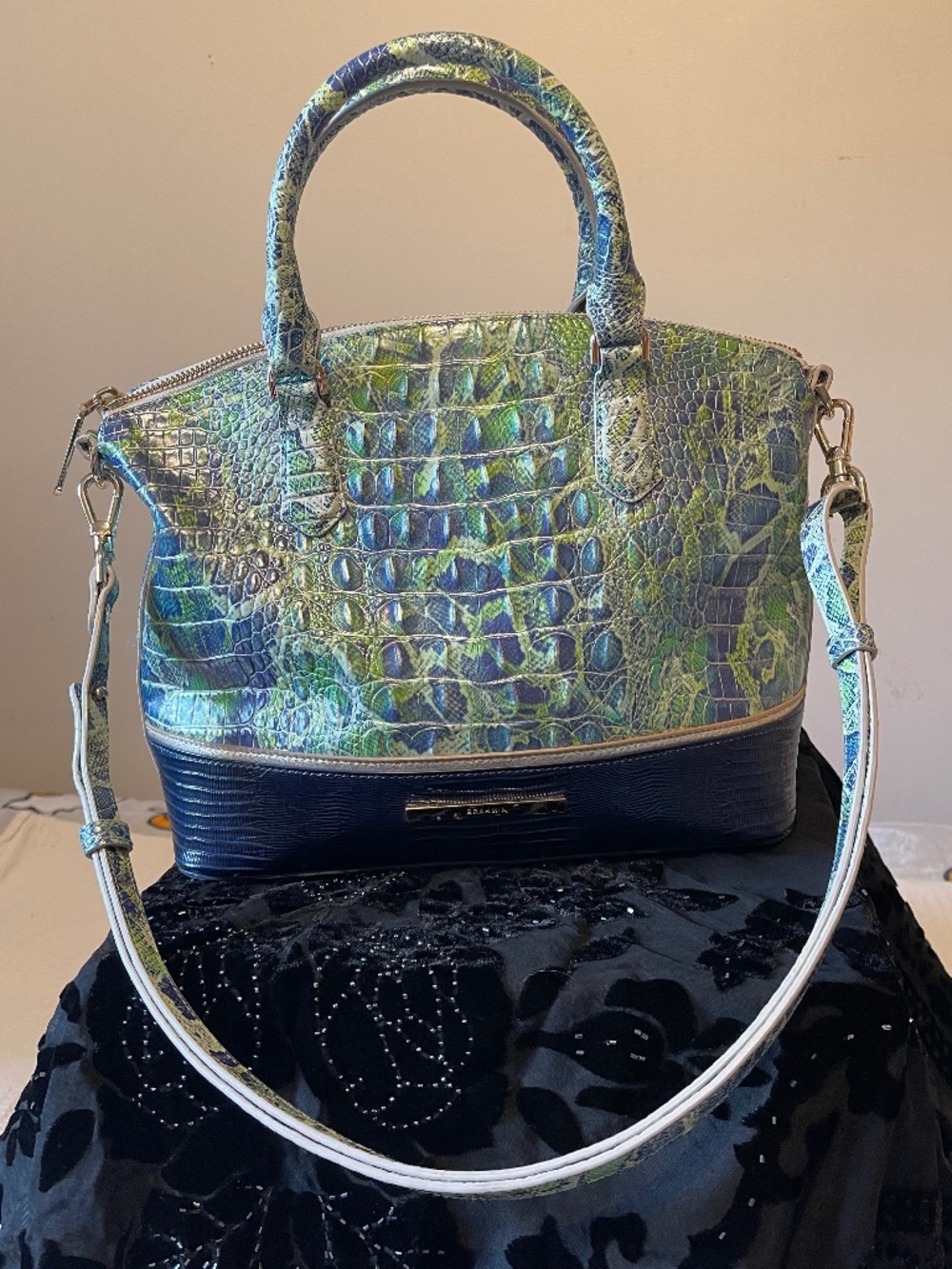 Brahmin Asher Green Viper Mackay Blue Satchel crossbody